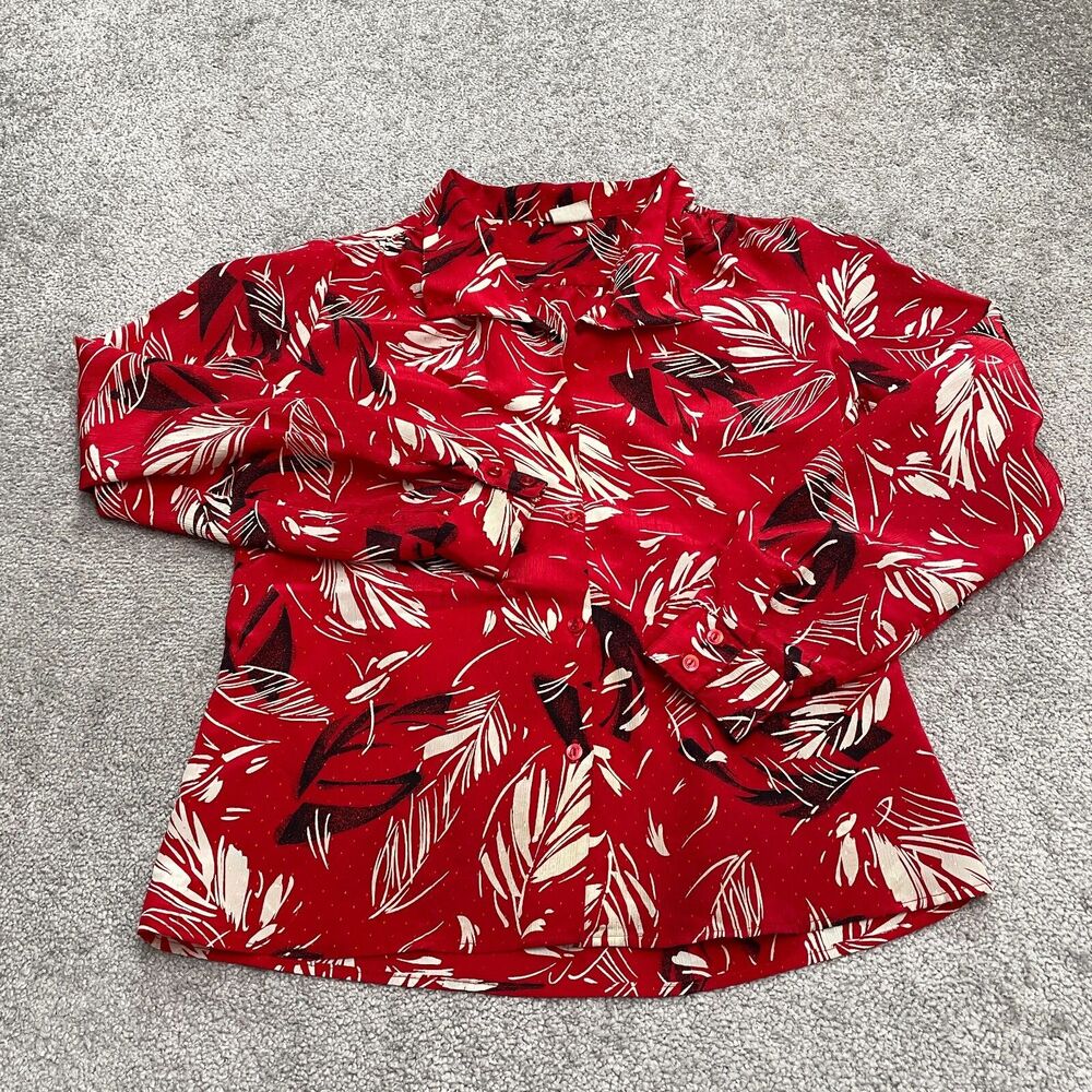 Pykettes Palm Leaves Button Down Shirt Blouse Womens Small Red Long Sleeve Top